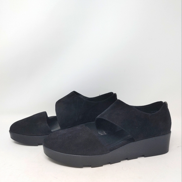 Eileen Fisher Turban Asymmetrical Wedge Black Suede Size 8 - Picture 3 of 11